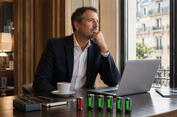 Dirigeant fatigué regardant par la fenêtre malgré une apparence de réussite, avec plusieurs batteries chargées et une batterie vide symbolisant l’épuisement intérieur.