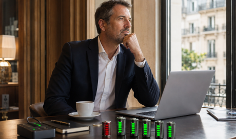 Dirigeant fatigué regardant par la fenêtre malgré une apparence de réussite, avec plusieurs batteries chargées et une batterie vide symbolisant l’épuisement intérieur.