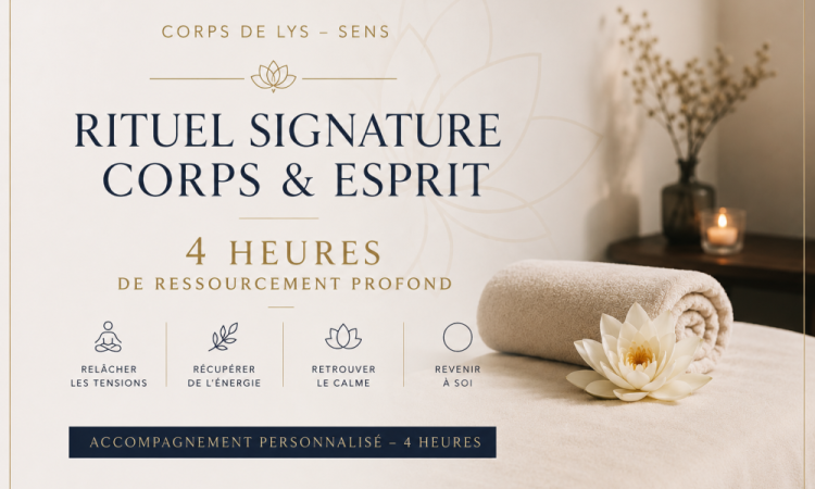 Rituel Signature Corps & Esprit de 4 heures, accompagnement de ressourcement profond et massage bien-être à Sens dans l’Yonne.